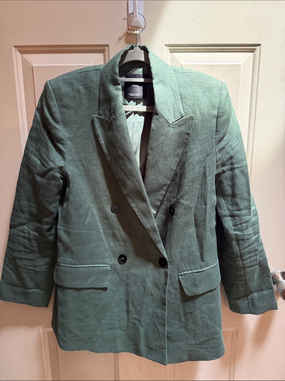 Mango Double-Breasted Green Linen Blazer